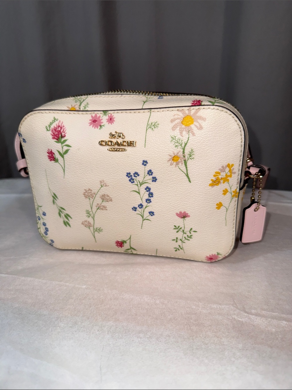 Coach Floral Mini Jamie Camera Bag - Cream with Pink Strap